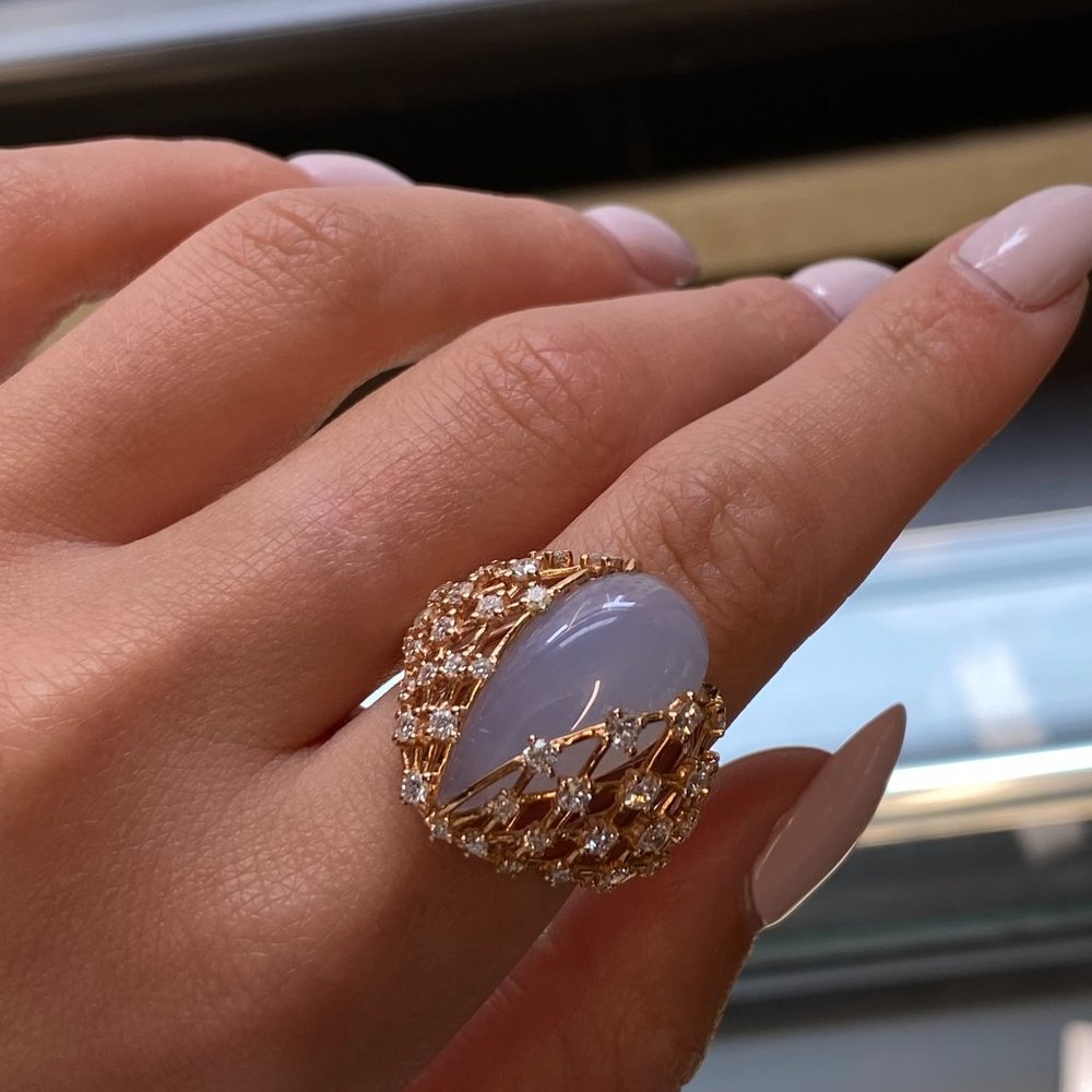 Luca Carati Chalcedony Gemstone Diamond Ring 18K Yellow Gold 1.25Cttw Size 7.5